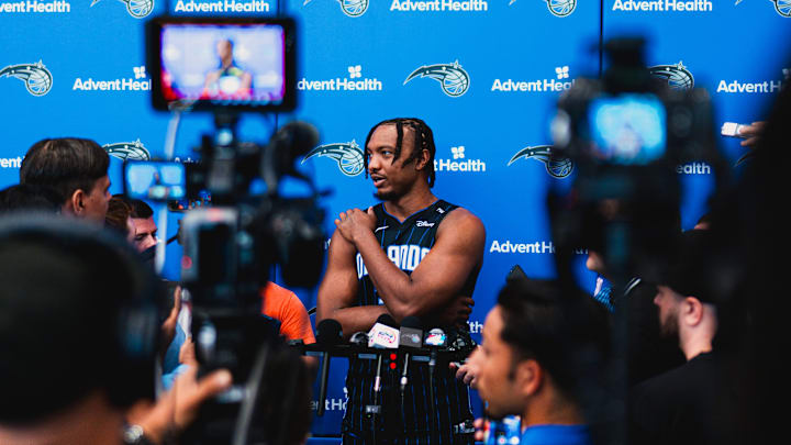 Orlando Magic center Wendell Carter Jr. meets reporters during the Magic's 2024 Media Day.