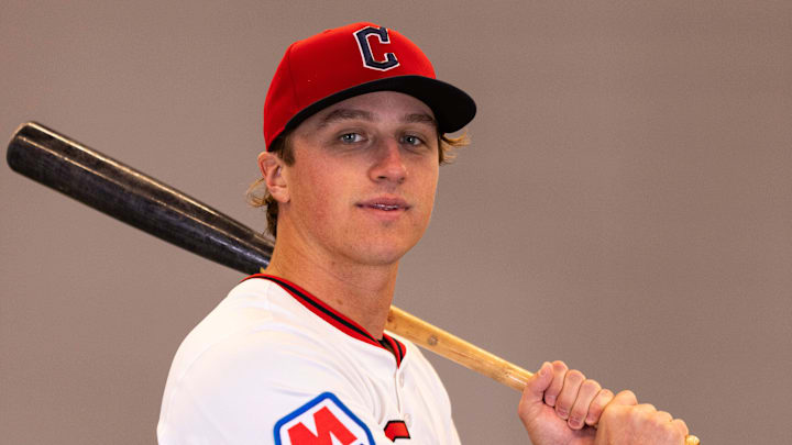 Feb 19, 2026; Goodyear, AZ, USA; Cleveland Guardians center fielder Petey Halpin (0) during media day in Goodyear. Mandatory Credit: Arianna Grainey-Imagn Images