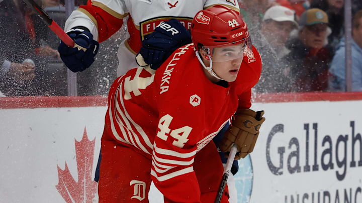Mar 6, 2026; Detroit, Michigan, USA;  Detroit Red Wings defenseman Axel Sandin-Pellikka (44) and Florida Panthers left wing A.J. Greer (10) battle for the puck in the first period at Little Caesars Arena. Mandatory Credit: Rick Osentoski-Imagn Images