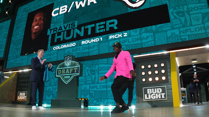 Colorado Buffaloes cornerback and wide receiver Travis Hunter is selected by the Jacksonville Jaguars as the No. 2 pick in the first round of the 2025 NFL Draft.