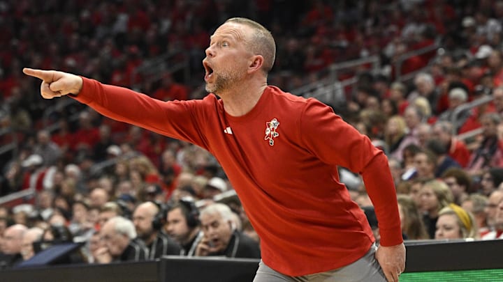 Feb 8, 2025; Louisville, Kentucky, USA;  Louisville Cardinals head coach Pat Kelsey calls out instructions during the first half against the Miami (Fl) Hurricanes at KFC Yum! Center. Mandatory Credit: Jamie Rhodes-Imagn Images