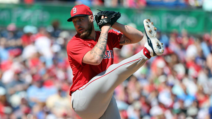 Feb 28, 2025; Clearwater, Florida, USA;  Boston Red Sox starting pitcher Garrett Crochet (35) throws a pitch during the first inning against the Philadelphia Phillies at BayCare Ballpark. Mandatory Credit: Kim Klement Neitzel-Imagn Images