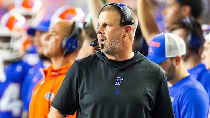 Florida Gators head coach Billy Napier coaches from the sidelines during the second half at Ben Hill Griffin Stadium in Gainesville, FL on Saturday, September 7, 2024 against the Samford Bulldogs. The Florida Gators won 45-7 over the Bulldogs. [Doug Engle/Gainesville Sun]