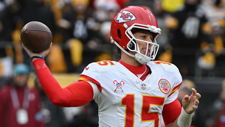 Dec 25, 2024; Pittsburgh, Pennsylvania, USA; Kansas City Chiefs quarterback Patrick Mahomes (15) throws a pass against the Pittsburgh Steelers during the second half at Acrisure Stadium. Mandatory Credit: Barry Reeger-Imagn Images