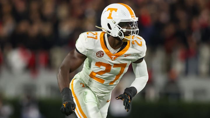 Nov 16, 2024; Athens, Georgia, USA; Tennessee Volunteers defensive lineman James Pearce Jr. (27) rushes the passer against the Georgia Bulldogs in the second quarter at Sanford Stadium. Mandatory Credit: Brett Davis-Imagn Images
