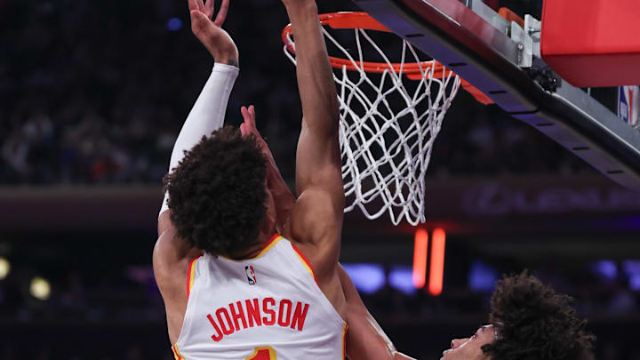 Mar 5, 2024; New York, New York, USA; Atlanta Hawks forward Jalen Johnson (1) drives for a shot