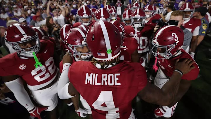The University of Alabama football team huddles during pregame against LSU at Tiger Stadium in Baton Rouge, LA on Saturday, Nov 9, 2024. The University of Alabama football team huddles during pregame against LSU at Tiger Stadium in Baton Rouge, LA on Saturday, Nov 9, 2024.