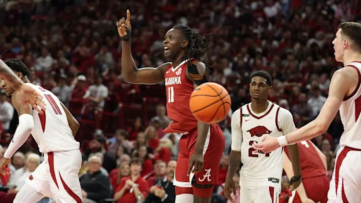Alabama center Clifford Omoruyi (11) celebrates against Arkansas at Bud Walton Arena in Fayetteville, AR on Saturday, Feb 8, 2025.