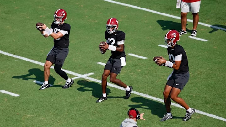 8/2/25 MFB MFB Practice 3 Alabama Quarterback Ty Simpson (15)_ Alabama Quarterback Keelon Russell (12) Alabama Quarterback Austin Mack (10) Photo by Kent Gidley