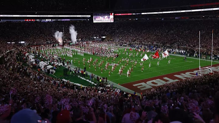 The University of Alabama football team running out before the game against LSU at Bryant-Denny Stadium in Tuscaloosa, AL on Saturday, Nov 8, 2025.