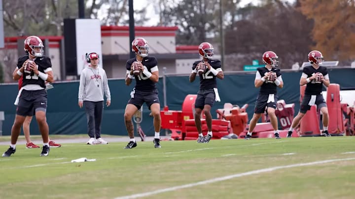 The Alabama quarterbacks during practice at Thomas-Drew Practice Fields in Tuscaloosa, AL on Sunday, Mar 8, 2026.