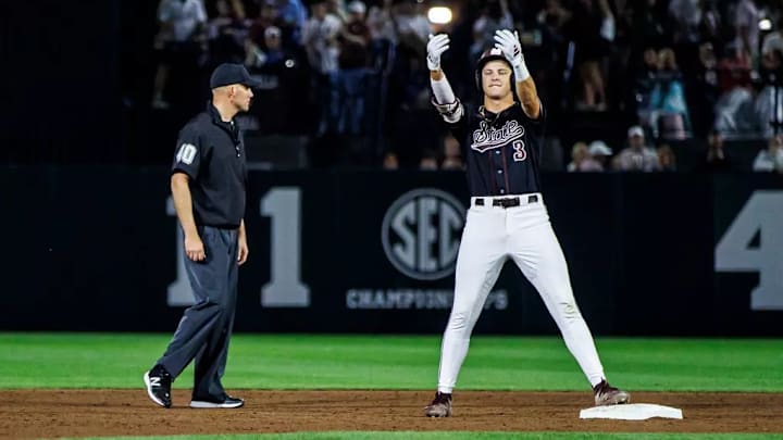 Mississippi State Infielder Ace Reese (#3) during Game 2 between the Ole Miss Rebels and the Mississippi State Bulldogs at Dudy Noble Field at Polk-Dement Stadium in Starkville, MS.