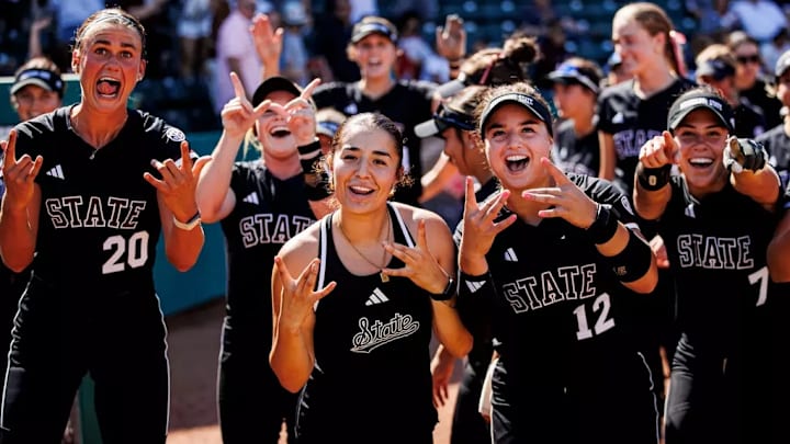 Mississippi State Pitcher Sara Phillips (#20), Mississippi State Catcher/Infielder Abby Grace Richardson (#2), Mississippi State Catcher Paige Ernstes (#12) and Mississippi State Infielder Gabby Schaeffer (#7) during the game between the Alabama Crimson Tide and the Mississippi State Bulldogs at Rhoads Stadium in Tuscaloosa