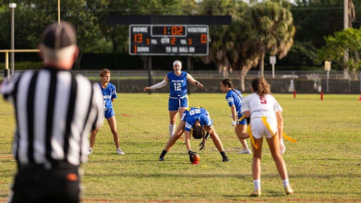 Wellington, Seminole Ridge, Palm Beach Central and Royal Palm Beach flag football teams take part in district semifinal competition on Feb. 9, 2024.