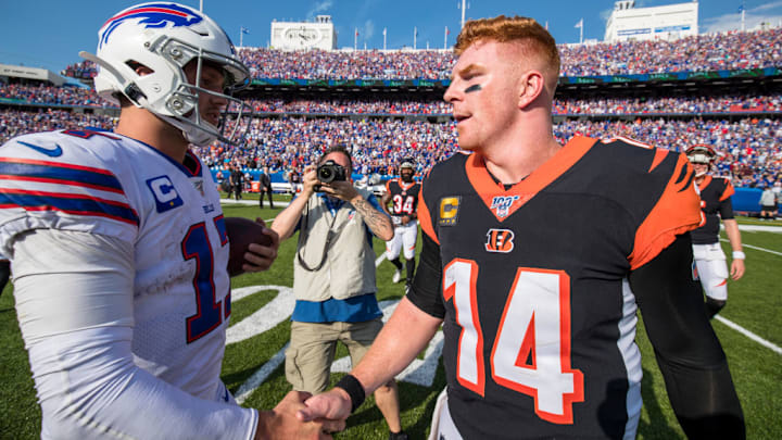 ORCHARD PARK, NY - SEPTEMBER 22: Josh Allen #17 of the Buffalo Bills shakes hands with Andy Dalton #14 of the Cincinnati Bengals after the game at New Era Field on September 22, 2019 in Orchard Park, New York. Buffalo defeated Cincinnati 21-17.