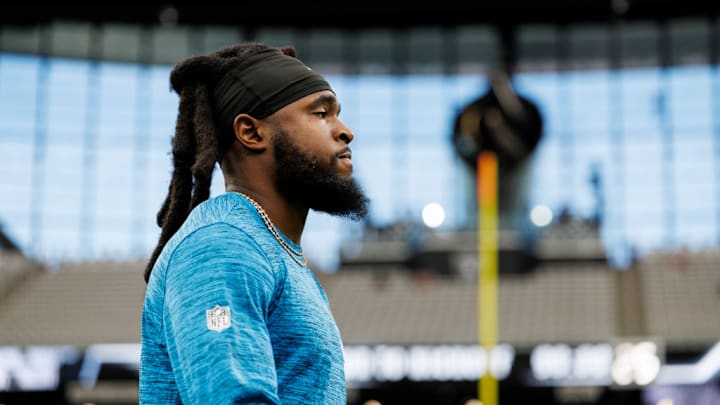 LAS VEGAS, NEVADA - SEPTEMBER 22: Wide receiver Diontae Johnson #5 of the Carolina Panthers looks on prior to an NFL football game against the Las Vegas Raiders, at Allegiant Stadium on September 22, 2024 in Las Vegas, Nevada.
