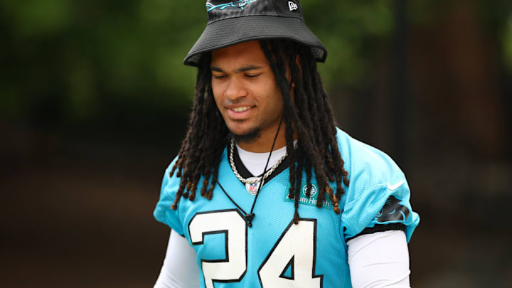 CHARLOTTE, NORTH CAROLINA - JUNE 04: Jonathon Brooks #24 of the Carolina Panthers attends Carolina Panthers OTA Offseason Workout on June 04, 2024 in Charlotte, North Carolina.