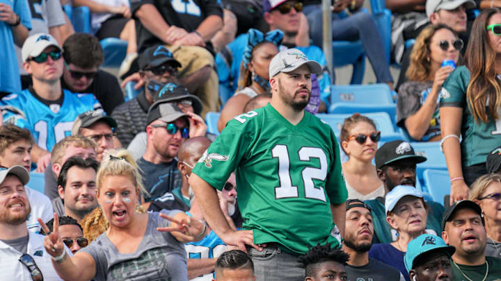 CHARLOTTE, NC - OCTOBER 10: Philadelphia Eagles fans celebrate during the game between the Carolina Panthers and the Philadelphia Eagles on October 10, 2021 at Bank of America Stadium in Charlotte, NC. 