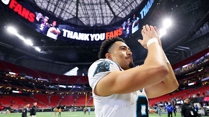 ATLANTA, GEORGIA - JANUARY 05: Bryce Young #9 of the Carolina Panthers celebrates after defeating the Atlanta Falcons 44-38 at Mercedes-Benz Stadium on January 05, 2025 in Atlanta, Georgia.