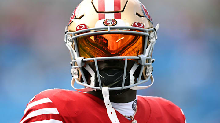 CHARLOTTE, NORTH CAROLINA - OCTOBER 09: Deebo Samuel #19 of the San Francisco 49ers stands on the field during warm ups before their game against the Carolina Panthers at Bank of America Stadium on October 09, 2022 in Charlotte, North Carolina. 