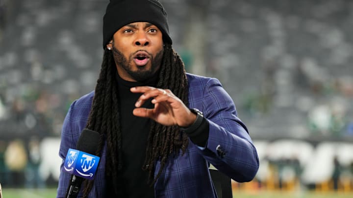 EAST RUTHERFORD, NJ - DECEMBER 22: Amazon Prime Video Thursday Night Football analyst Richard Sherman speaks prior to the game between the Jacksonville Jaguars and the New York Jets at MetLife Stadium on December 22, 2022 in East Rutherford, New Jersey. 