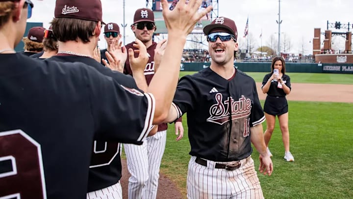 Mississippi State Designated Hitter/Pitcher Noah Sullivan (#18) during the game between the Lipscomb Bison and the Mississippi State Bulldogs at Dudy Noble Field at Polk-Dement Stadium in Starkville, MS. 