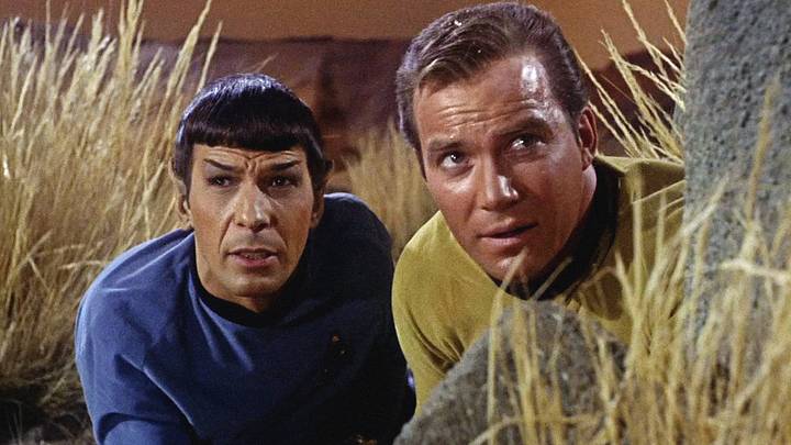 Pictured: William Shatner as Captain James T. Kirk (Gold shirt) and Leonard Nimoy as Mr. Spock (Blue Shirt) in STAR TREK (The Original Series) Screen grab: ©1966 CBS Broadcasting Inc. All Rights Reserved.