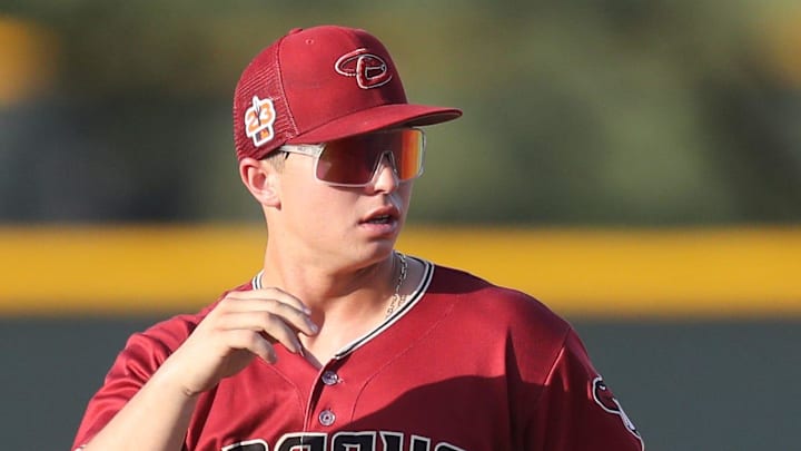 Jul 28, 2023; Scottsdale, AZ, USA; Diamondbacks prospect Tommy Troy practices at Salt River Fields in Scottsdale on Friday, July 28, 2023.