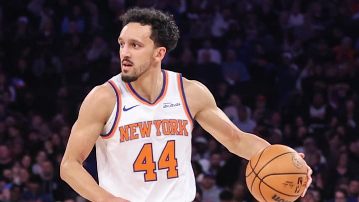 Jan 21, 2026; New York, New York, USA;  New York Knicks guard Landry Shamet (44) brings the ball up in the second quarter against the Brooklyn Nets at Madison Square Garden. Mandatory Credit: Wendell Cruz-Imagn Images