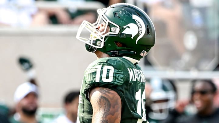 Michigan State's Wayne Matthews III celebrates after a tackle for a loss against Prairie View A&M during the second quarter on Saturday, Sept. 14, 2024, at Spartan Stadium in East Lansing.