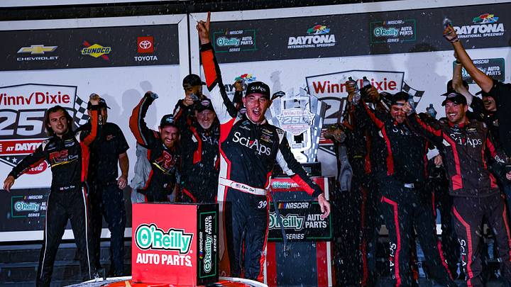 Ryan Sieg celebrates his first career NASCAR O'Reilly Auto Parts Series win in the Winn-Dixie 250 at Daytona International Speedway. Ryan Sieg celebrates his first career NASCAR O'Reilly Auto Parts Series win in the Winn-Dixie 250 at Daytona International Speedway.