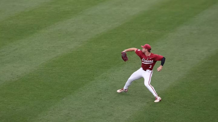 Alabama Baseball Player Kade Snell (3) throws to the infield against Georgia at Sewell-Thomas Stadium in Tuscaloosa, AL on Friday, May 9, 2025.