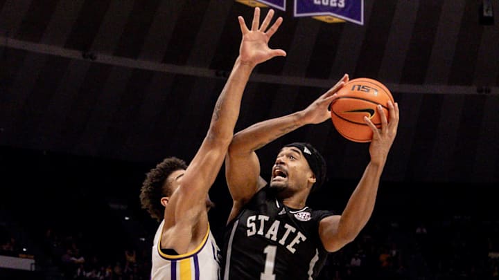 Feb 24, 2024; Baton Rouge, Louisiana, USA; Mississippi State Bulldogs forward Tolu Smith (1) drives