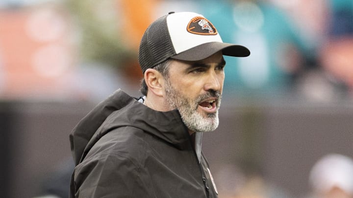 Dec 29, 2024; Cleveland, Ohio, USA; Cleveland Browns head coach Kevin Stefanski yells out during warm ups before the game against the Miami Dolphins at Huntington Bank Field. Mandatory Credit: Scott Galvin-Imagn Images
