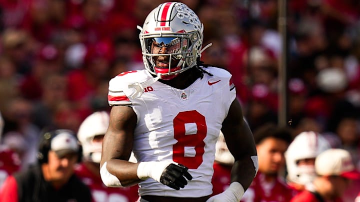 Ohio State Buckeyes linebacker Arvell Reese (8) reacts during the game against the Wisconsin Badgers at Camp Randall Stadium on Saturday, Oct. 18, 2025 in Madison, Wisconsin.