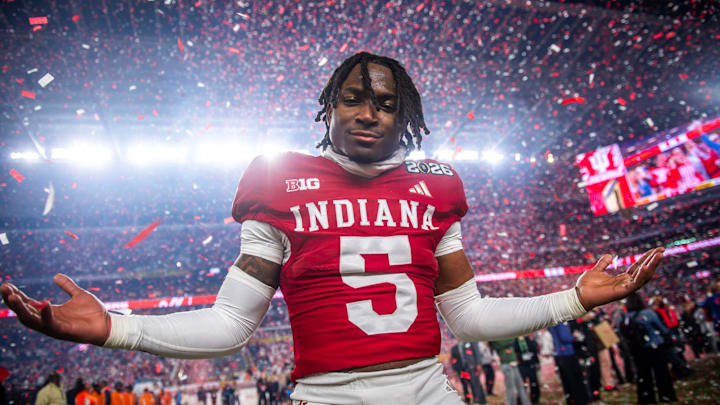 Indiana's D'Angelo Ponds (5) celebrates after the College Football Playoff National Championship college football game at Hard Rock Stadium in Miami Gardens on Monday, Jan. 19, 2026. Indiana's D'Angelo Ponds (5) celebrates after the College Football Playoff National Championship college football game at Hard Rock Stadium in Miami Gardens on Monday, Jan. 19, 2026.