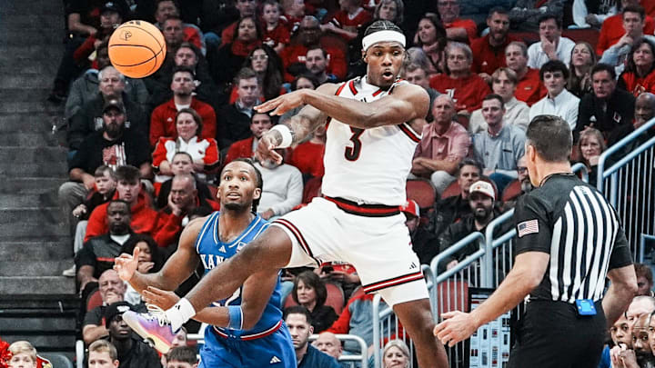 Louisville Cardinals guard Ryan Conwell (3) saves the ball from out of bounds in the exhibition game at the KFC Yum! Center in Louisville, Kentucky Friday, October 24, 2025. Louisville Cardinals guard Ryan Conwell (3) saves the ball from out of bounds in the exhibition game at the KFC Yum! Center in Louisville, Kentucky Friday, October 24, 2025.