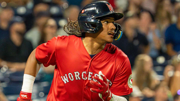 Worcester center fielder Jhostynxon Garcia hits a three-run double in the sixth inning against Lehigh Valley at Polar Park July 29. Worcester center fielder Jhostynxon Garcia hits a three-run double in the sixth inning against Lehigh Valley at Polar Park July 29.