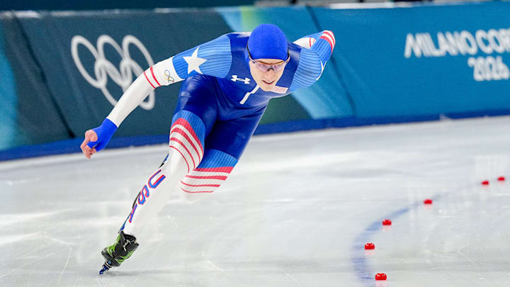 Jordan Stolz won his first gold medal by setting an Olympic record in the 1,000-meter race.