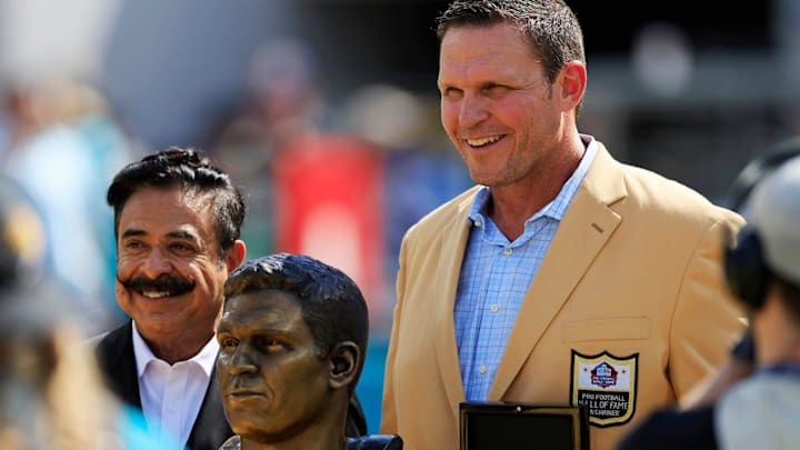 Hall of fame football tackle Tony Boselli is photographed with Jaguars owner Shad Khan during an NFL football game between the Jacksonville Jaguars and the Houston Texans Sunday, Oct. 9, 2022 at TIAA Bank Field in Jacksonville. Boselli was honored at halftime with his Jacksonville Jaguars number 71 retired. Boselli was enshrined in Canton, Ohio this past August after his seven season career all with the Jaguars. The Texans won 13-6. [Corey Perrine/Florida Times-Union]

Jki 100822 Texans Jags Cp