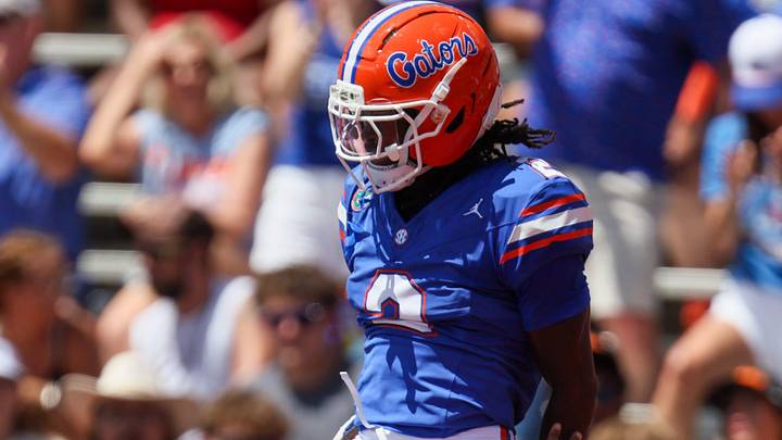 Florida wide receiver Micah Mays Jr. (5) celebrates during the second half of the Orange and Blue game at Steve Spurrier Field at Ben Hill Griffin Stadium in Gainesville, FL on Saturday, April 11, 2026. [Alan Youngblood/Gainesville Sun]