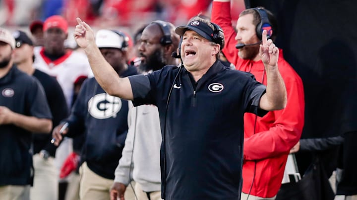 Nov 1, 2025; Jacksonville, Florida, USA; Georgia Bulldogs head coach Kirby Smart reacts from the sideline during a game against the Florida Gators at EverBank Stadium. Mandatory Credit: Travis Register-Imagn Images Nov 1, 2025; Jacksonville, Florida, USA; Georgia Bulldogs head coach Kirby Smart reacts from the sideline during a game against the Florida Gators at EverBank Stadium. Mandatory Credit: Travis Register-Imagn Images