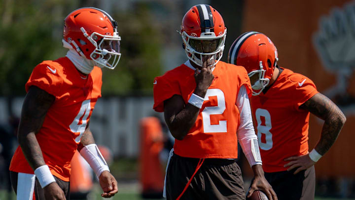 Quarterbacks Deshaun Watson, Shedeur Sanders and Dillon Gabriel practice together at the Browns mini camp in Berea on April 21, 2026. Quarterbacks Deshaun Watson, Shedeur Sanders and Dillon Gabriel practice together at the Browns mini camp in Berea on April 21, 2026.