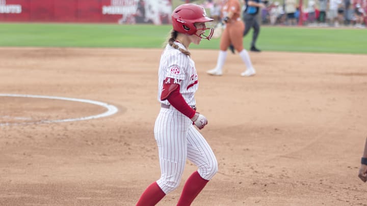 Alabama infielder Jena Young celebrates her home run in the third game of the series against Texas on April. 4, 2026.