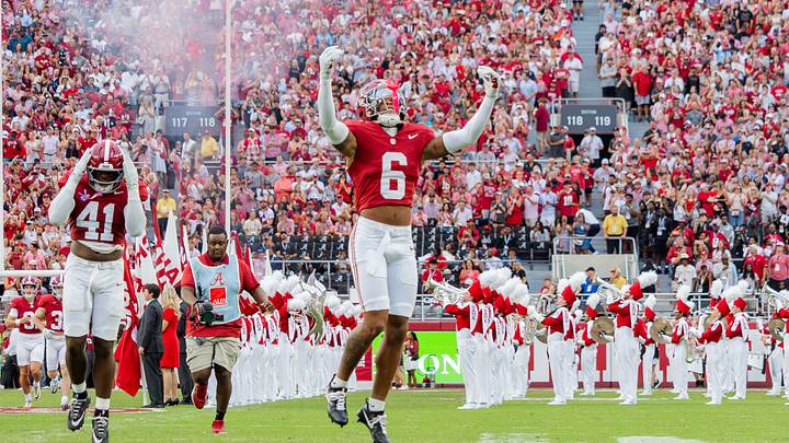 Alabama defensive back Red Morgan runs out for the game against South Carolina on Sept 26, 2026. Alabama defensive back Red Morgan runs out for the game against South Carolina on Sept 26, 2026.