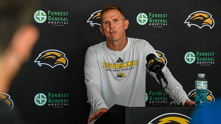 Coach Blake Anderson taking questions from members of the media after Fan Fest. Coach Blake Anderson taking questions from members of the media after Fan Fest.