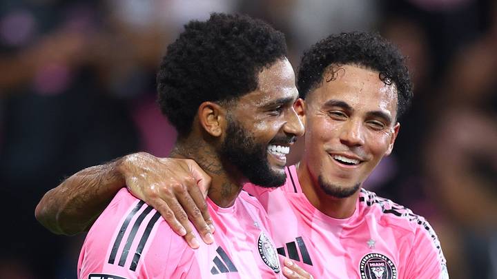 Ian Fray, right, congratulates Micael after the Inter Miami center back scored a set-piece header in the Herons' 4-2 Leagues Cup win Wednesday against Atlético San Luis.