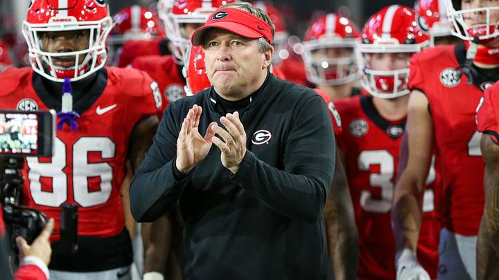 Nov 25, 2023; Atlanta, Georgia, USA; Georgia Bulldogs head coach Kirby Smart runs on the field with his team before a game against the Georgia Tech Yellow Jackets at Bobby Dodd Stadium at Hyundai Field. Mandatory Credit: Brett Davis-Imagn Images