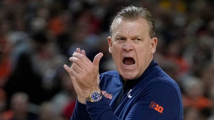 Illinois Fighting Illini head coach Brad Underwood gets after his team Saturday, April 4, 2026, during a Final Four game against the UConn Huskies at Lucas Oil Stadium in Indianapolis. Illinois Fighting Illini head coach Brad Underwood gets after his team Saturday, April 4, 2026, during a Final Four game against the UConn Huskies at Lucas Oil Stadium in Indianapolis.