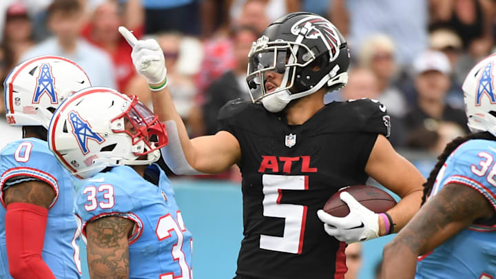 Atlanta Falcons wide receiver Drake London after a first down during the first half against the Tennessee Titans in 2023.